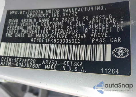 2012 Toyota Camry Se из США, поврежденный, VIN 4T1BF1FK8CU095003